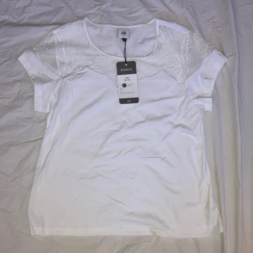NWT CAbi Flirt Tee #4569: White Short Sleeve Top with Lace Detail